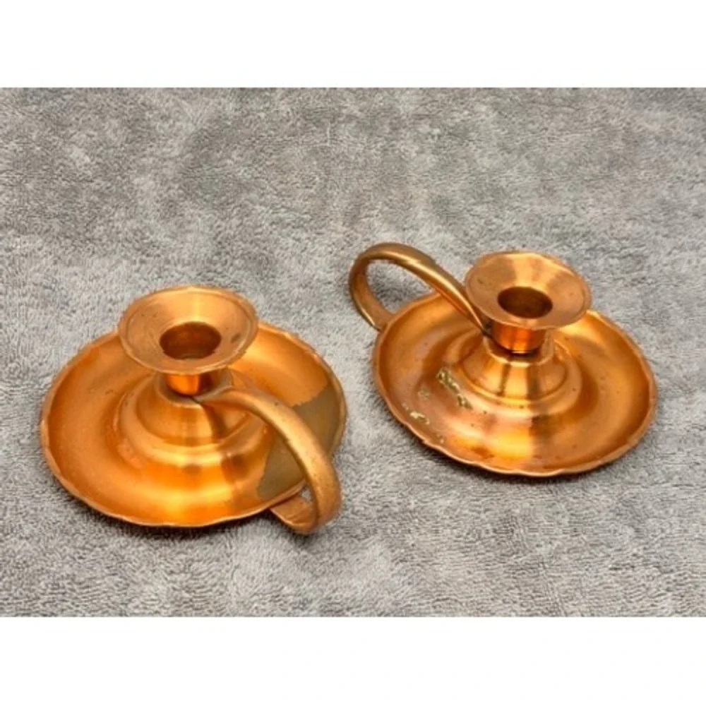 Vtg Copper Tin Chamberstick Candle Holders Set of 2 Made in Utah Scalloped Edge
